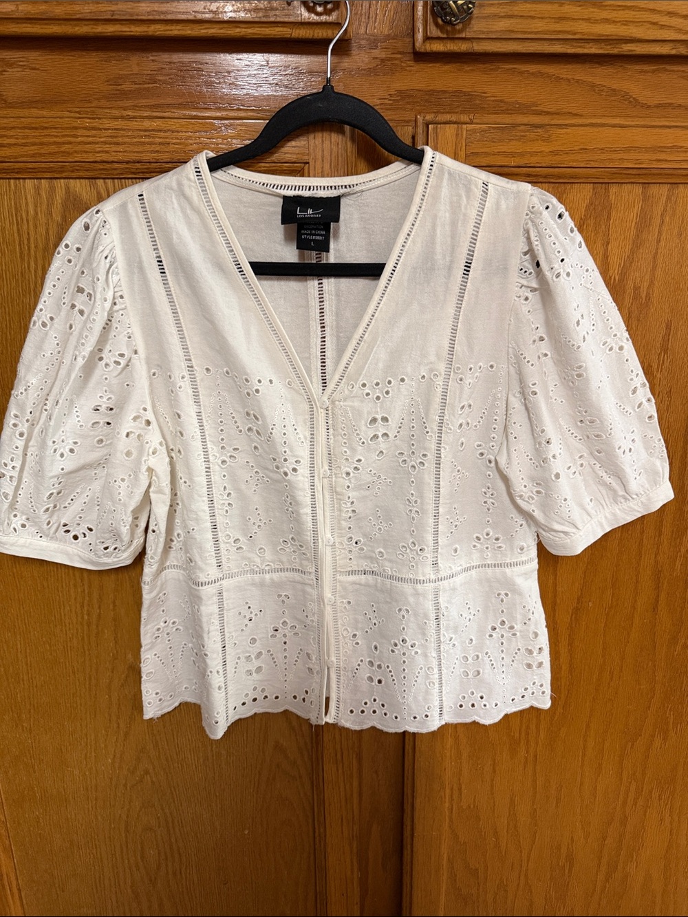 Cream Eyelet Puff-Sleeve Zip-Front Blouse